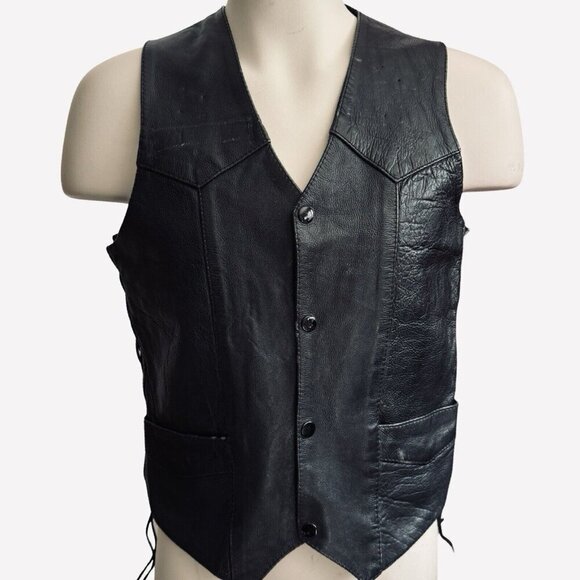 UNIK Men's Black Leather Motorcycle Vest Sz 42 Snaps Lace-Up Sides Pockets Biker - Picture 1 of 16